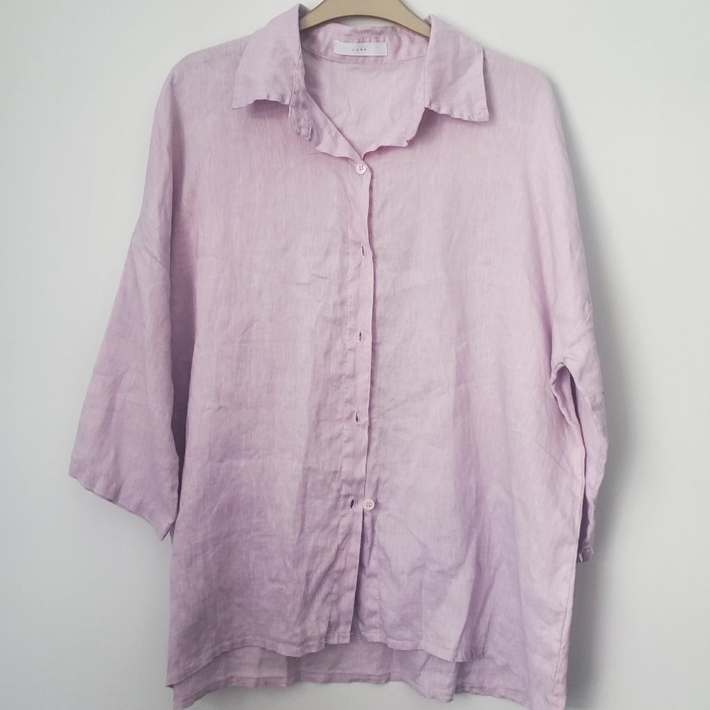 Women's Size 3XL Lilac Linen Button Down Summer Shirt Short Sleeves Soft Comfy